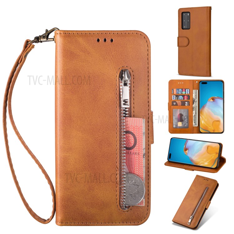 Zipper Pocket Wallet Stand Flip Leather Phone Casing with Strap for Huawei P40 - Brown-1