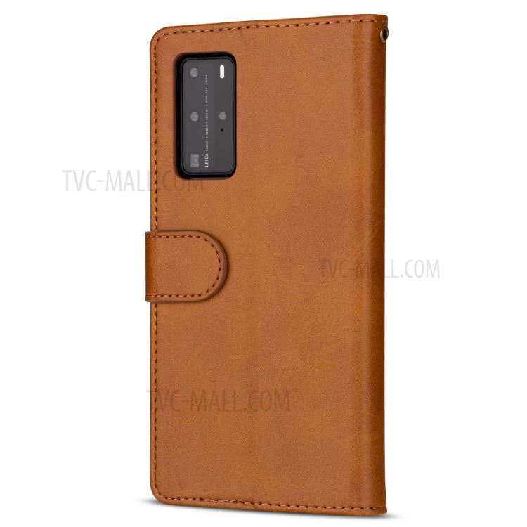 Zipper Pocket Wallet Stand Flip Leather Phone Casing with Strap for Huawei P40 - Brown-3