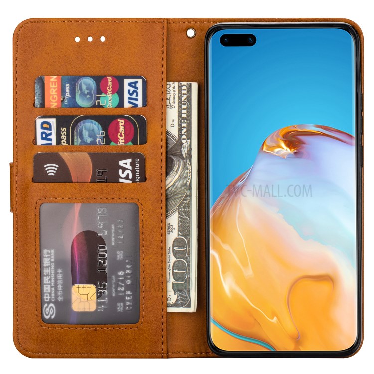 Zipper Pocket Wallet Stand Flip Leather Phone Casing with Strap for Huawei P40 - Brown-4