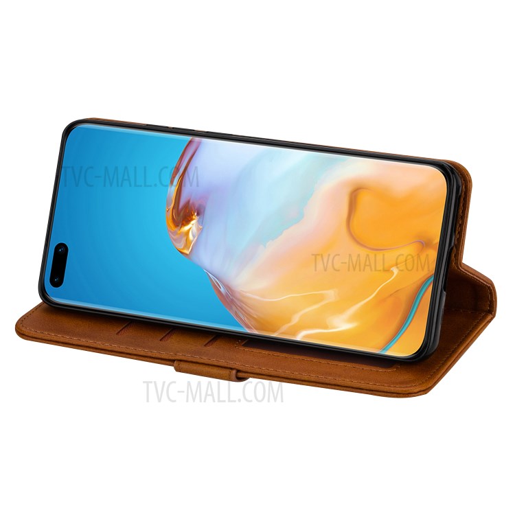 Zipper Pocket Wallet Stand Flip Leather Phone Casing with Strap for Huawei P40 - Brown-5