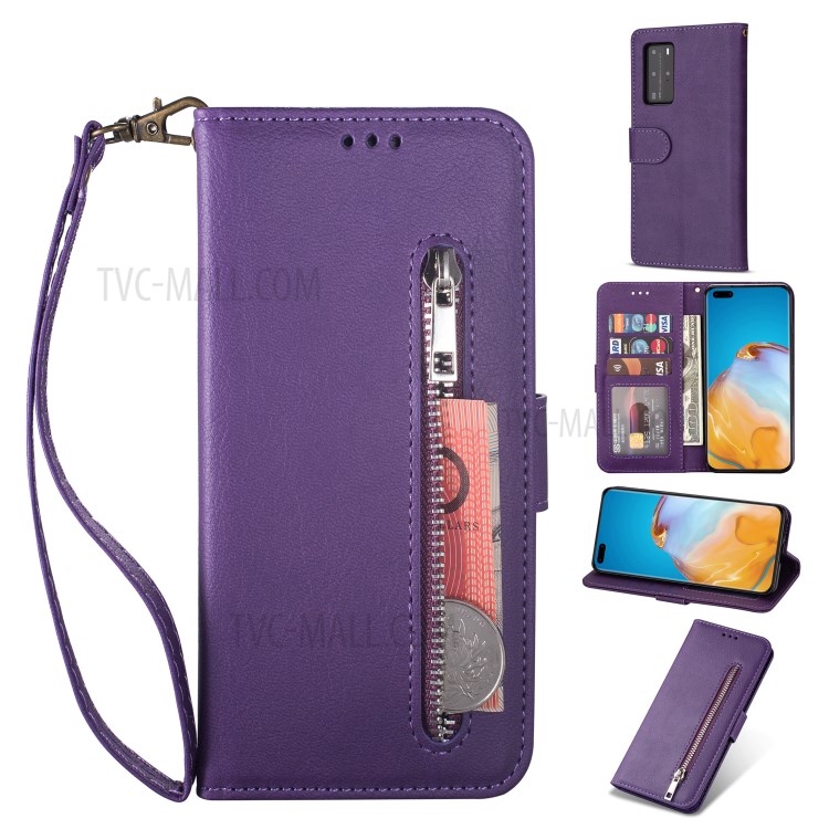 Zipper Pocket Wallet Stand Flip Leather Phone Casing with Strap for Huawei P40 - Purple-1