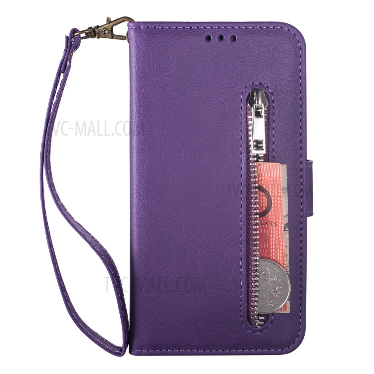 Zipper Pocket Wallet Stand Flip Leather Phone Casing with Strap for Huawei P40 - Purple-2