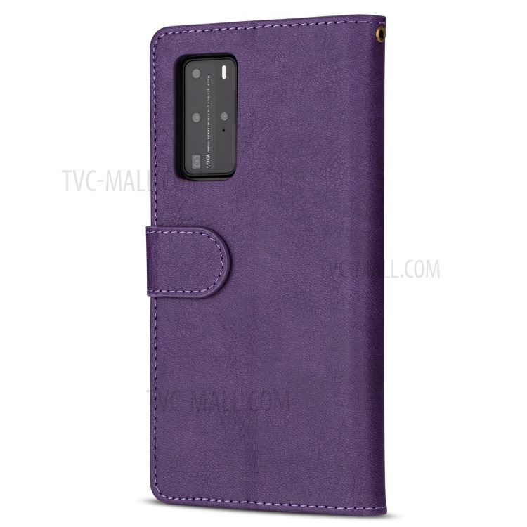 Zipper Pocket Wallet Stand Flip Leather Phone Casing with Strap for Huawei P40 - Purple-3