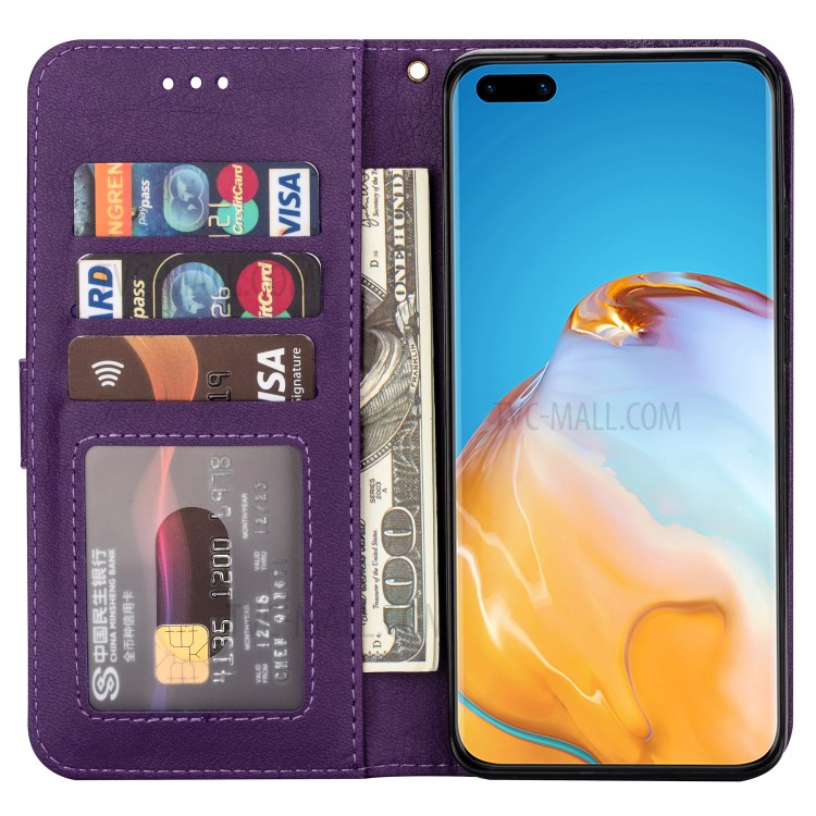 Zipper Pocket Wallet Stand Flip Leather Phone Casing with Strap for Huawei P40 - Purple-4