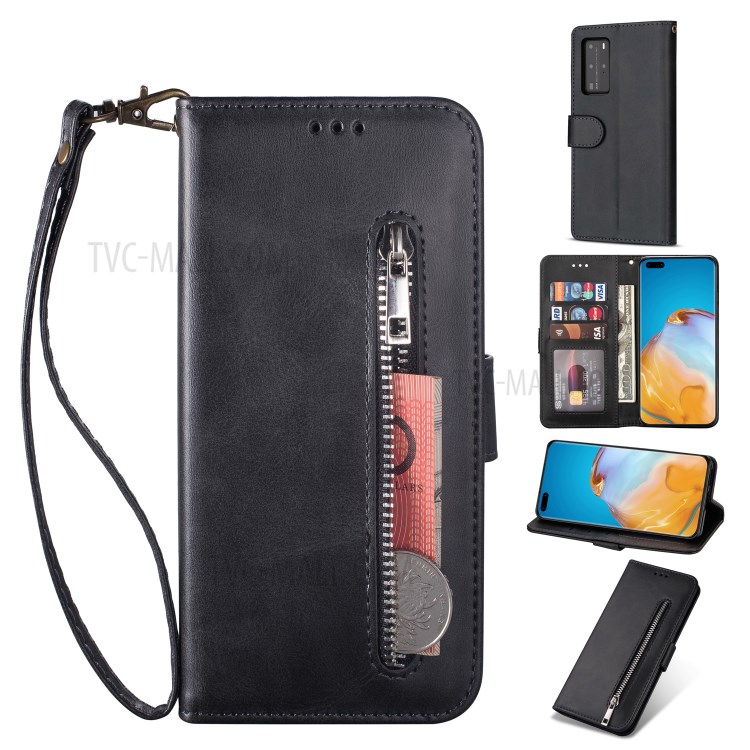 Zipper Pocket Wallet Stand Flip Leather Phone Shell with Strap for Huawei P40 Pro - Black-1