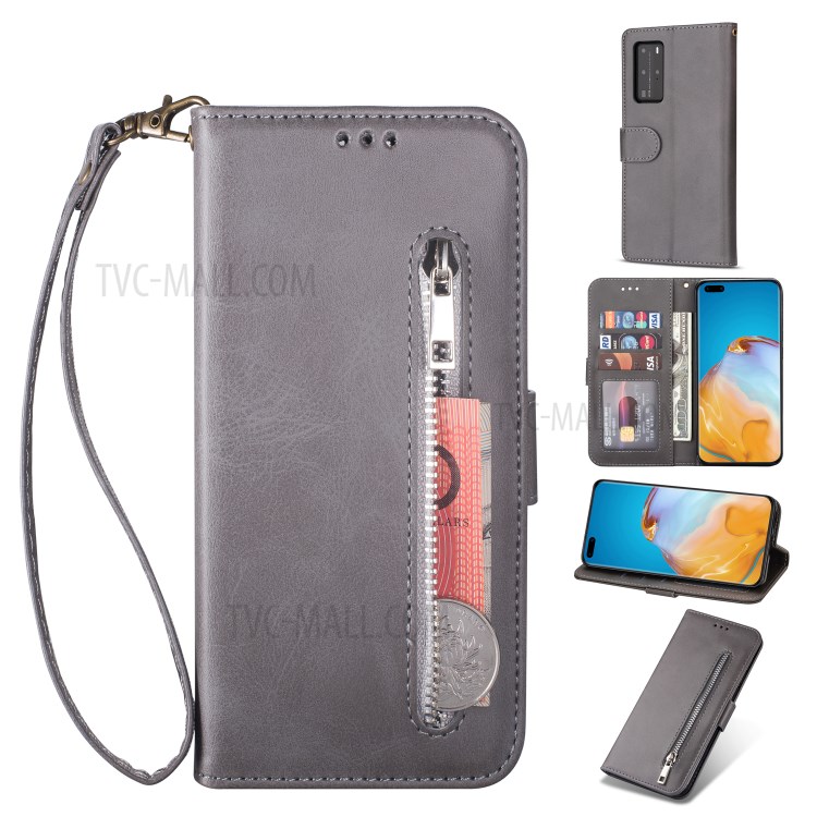 Zipper Pocket Wallet Stand Flip Leather Phone Shell with Strap for Huawei P40 Pro - Grey-1