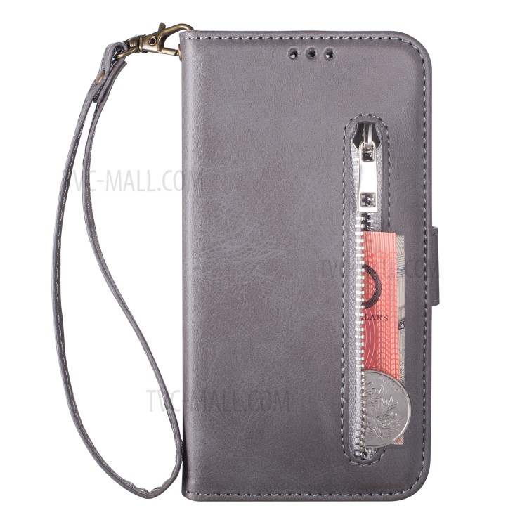 Zipper Pocket Wallet Stand Flip Leather Phone Shell with Strap for Huawei P40 Pro - Grey-2