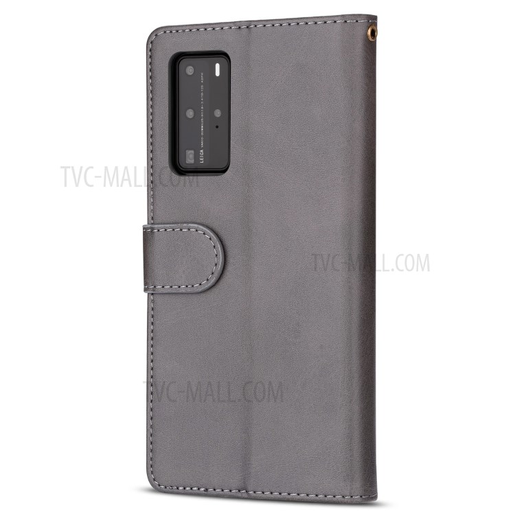 Zipper Pocket Wallet Stand Flip Leather Phone Shell with Strap for Huawei P40 Pro - Grey-3