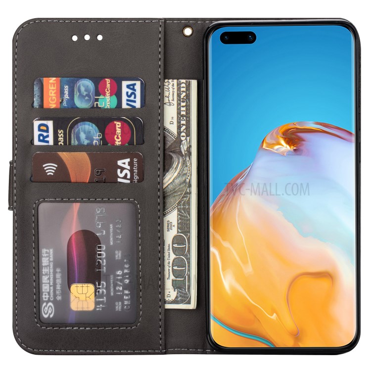 Zipper Pocket Wallet Stand Flip Leather Phone Shell with Strap for Huawei P40 Pro - Grey-4