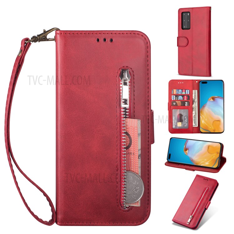 Zipper Pocket Wallet Stand Flip Leather Phone Shell with Strap for Huawei P40 Pro - Red-1