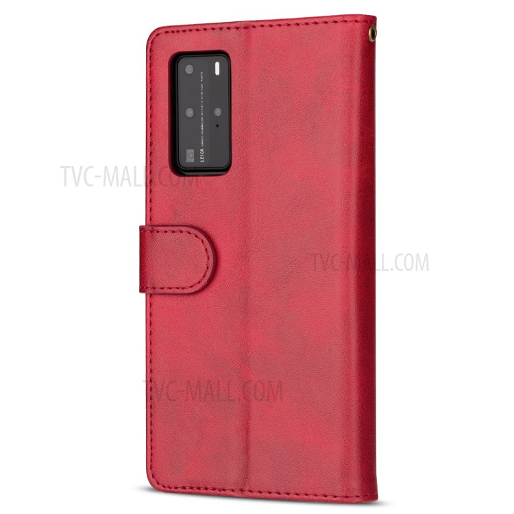 Zipper Pocket Wallet Stand Flip Leather Phone Shell with Strap for Huawei P40 Pro - Red-3