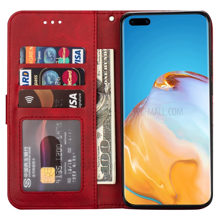 Zipper Pocket Wallet Stand Flip Leather Phone Shell with Strap for Huawei P40 Pro - Red-4