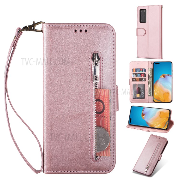 Zipper Pocket Wallet Stand Flip Leather Phone Shell with Strap for Huawei P40 Pro - Rose Gold-1
