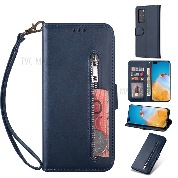 Zipper Pocket Wallet Stand Flip Leather Phone Shell with Strap for Huawei P40 Pro - Blue-1