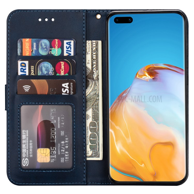Zipper Pocket Wallet Stand Flip Leather Phone Shell with Strap for Huawei P40 Pro - Blue-4