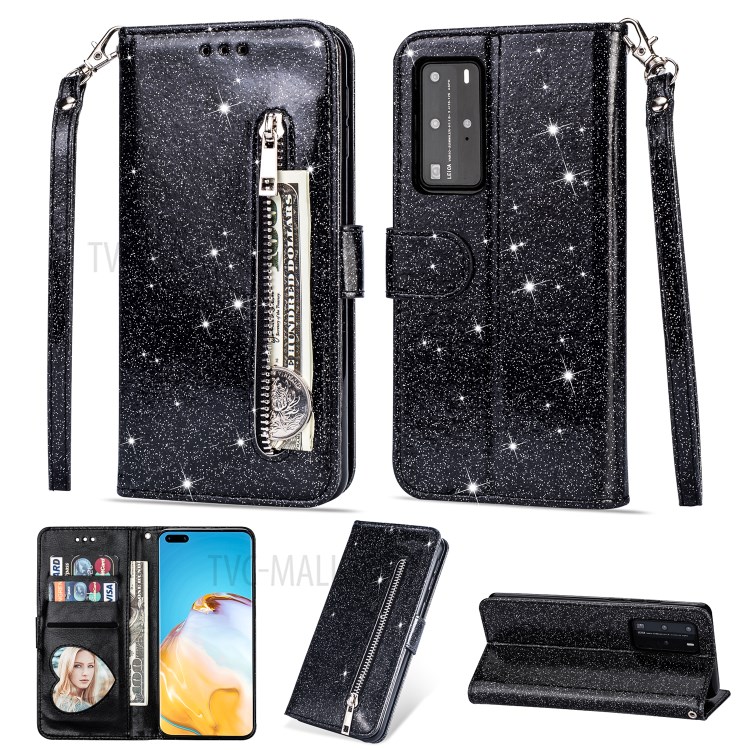 Glitter Powder Zippered Stand Leather Wallet Case with Strap for Huawei P40 - Black-1