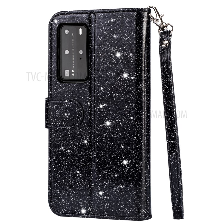 Glitter Powder Zippered Stand Leather Wallet Case with Strap for Huawei P40 - Black-4