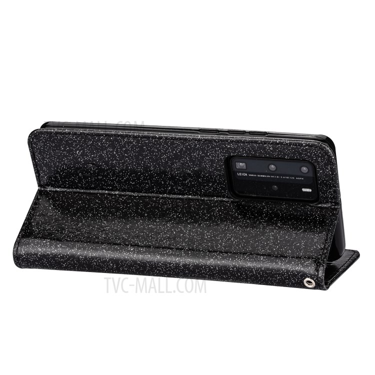 Glitter Powder Zippered Stand Leather Wallet Case with Strap for Huawei P40 - Black-5