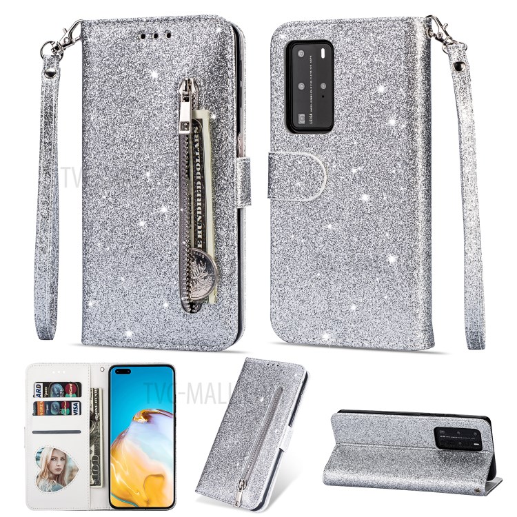 Glitter Powder Zippered Stand Leather Wallet Case with Strap for Huawei P40 - Silver-1
