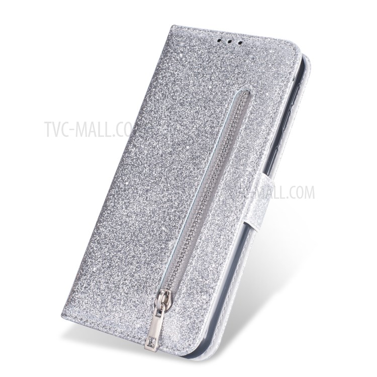 Glitter Powder Zippered Stand Leather Wallet Case with Strap for Huawei P40 - Silver-2