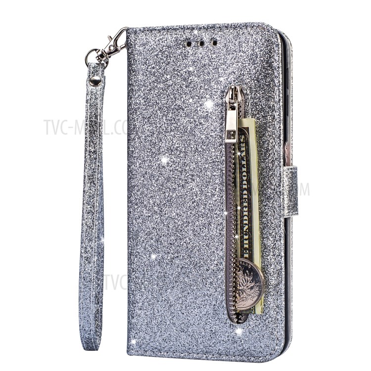Glitter Powder Zippered Stand Leather Wallet Case with Strap for Huawei P40 - Silver-3