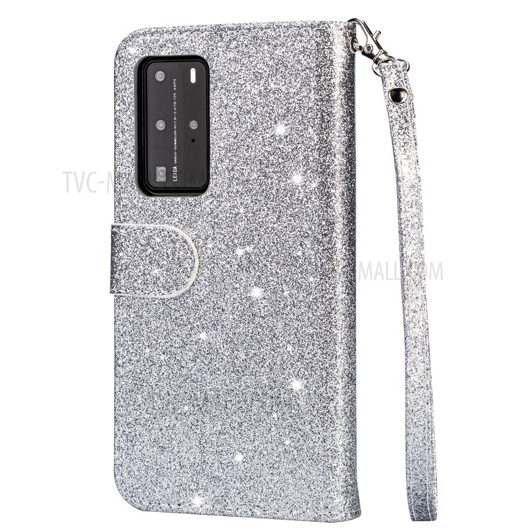 Glitter Powder Zippered Stand Leather Wallet Case with Strap for Huawei P40 - Silver-4