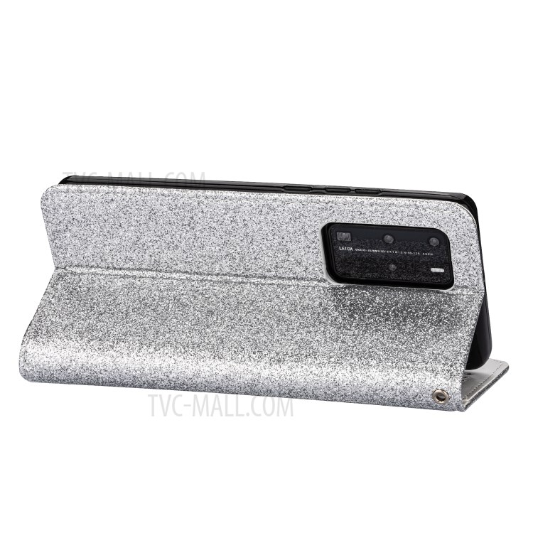 Glitter Powder Zippered Stand Leather Wallet Case with Strap for Huawei P40 - Silver-5