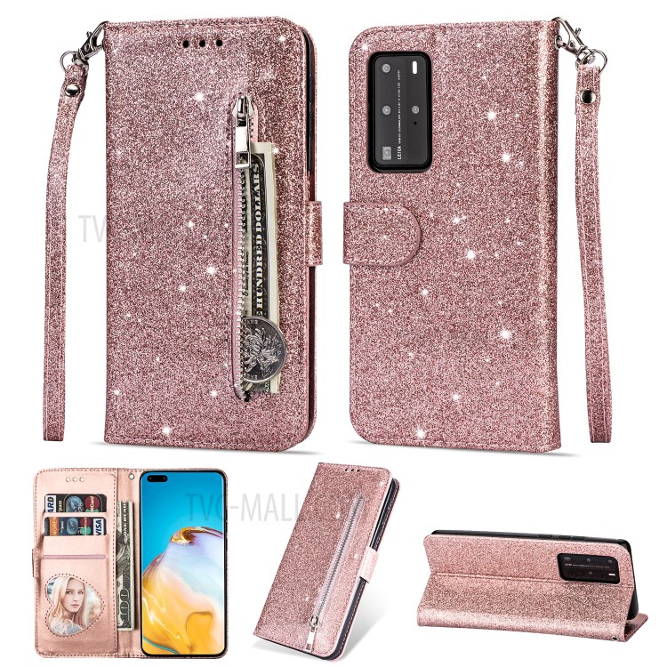 Glitter Powder Zippered Stand Leather Wallet Case with Strap for Huawei P40 - Rose Gold-1