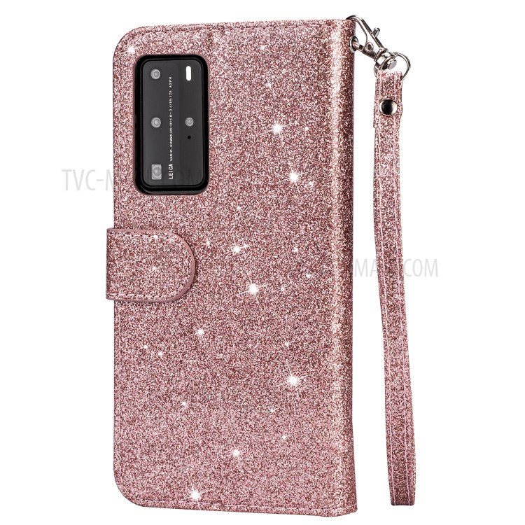 Glitter Powder Zippered Stand Leather Wallet Case with Strap for Huawei P40 - Rose Gold-3