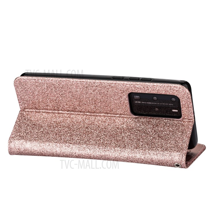 Glitter Powder Zippered Stand Leather Wallet Case with Strap for Huawei P40 - Rose Gold-4