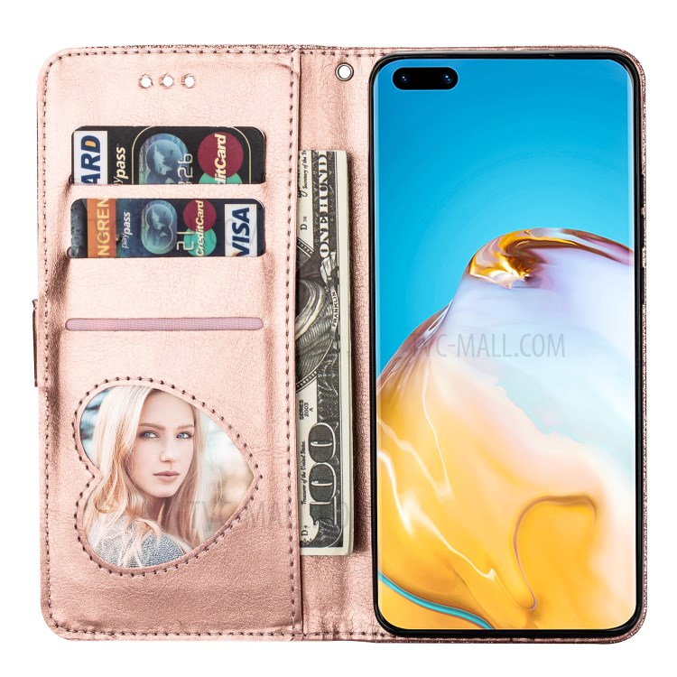 Glitter Powder Zippered Stand Leather Wallet Case with Strap for Huawei P40 - Rose Gold-5