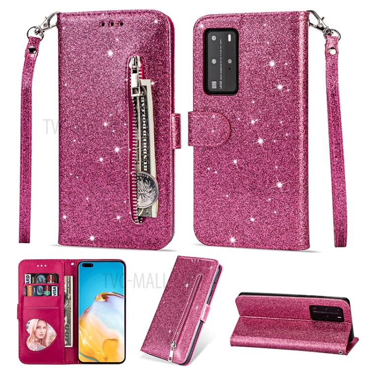 Glitter Powder Zippered Stand Leather Wallet Case with Strap for Huawei P40 - Rose-1