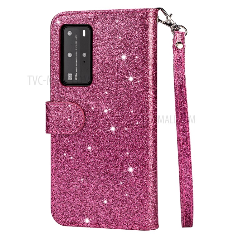 Glitter Powder Zippered Stand Leather Wallet Case with Strap for Huawei P40 - Rose-4