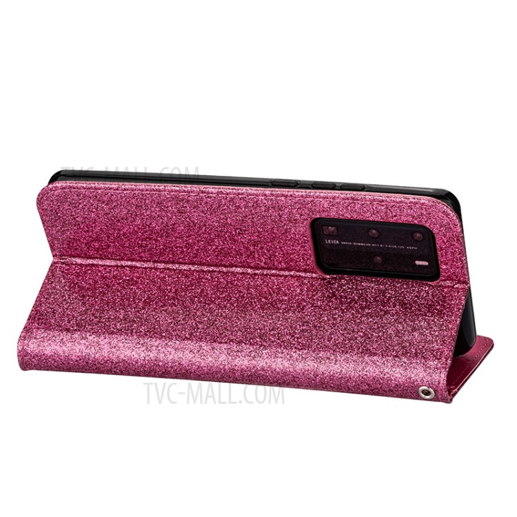 Glitter Powder Zippered Stand Leather Wallet Case with Strap for Huawei P40 - Rose-5