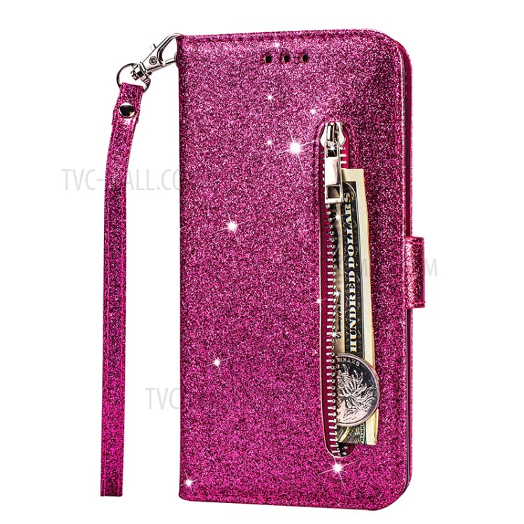 Glitter Powder Zippered Stand Leather Wallet Case with Strap for Huawei P40 - Rose-7