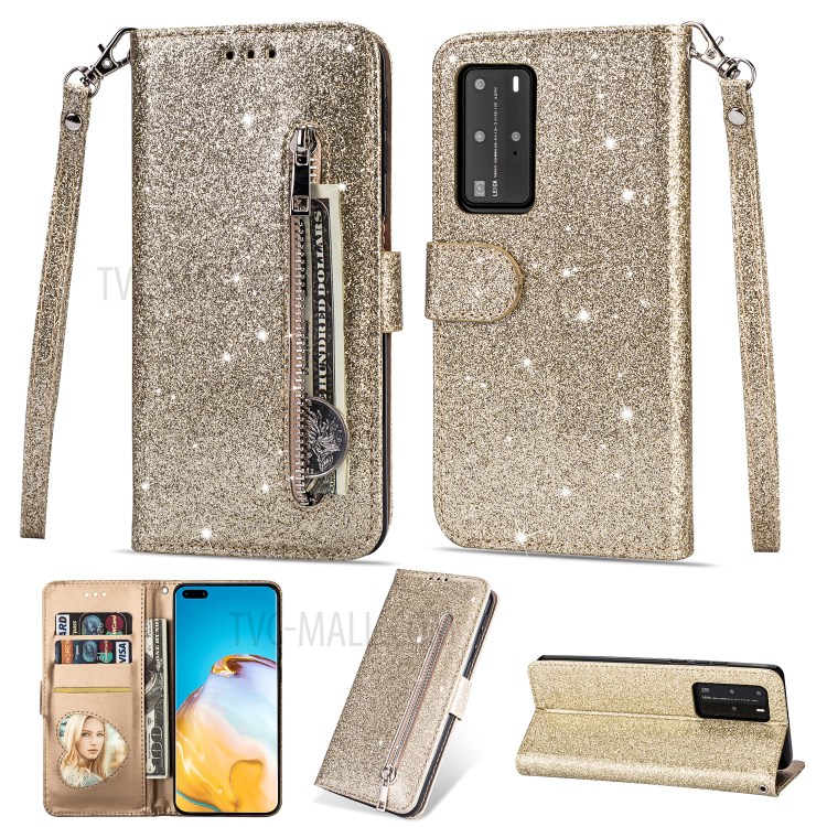 Glitter Powder Zippered Stand Leather Wallet Case with Strap for Huawei P40 - Gold-1