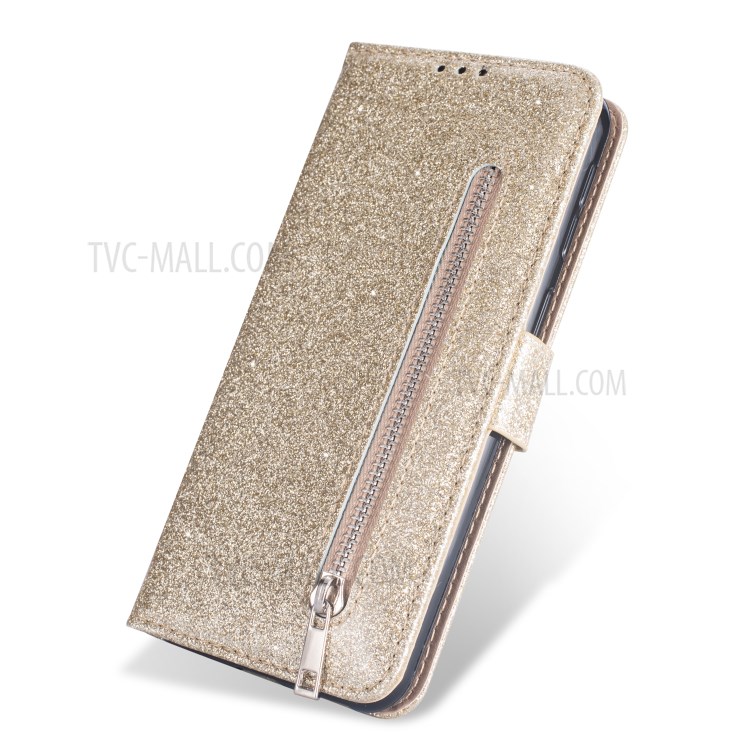 Glitter Powder Zippered Stand Leather Wallet Case with Strap for Huawei P40 - Gold-2
