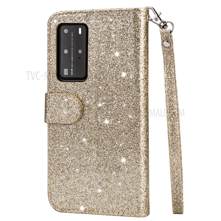 Glitter Powder Zippered Stand Leather Wallet Case with Strap for Huawei P40 - Gold-4
