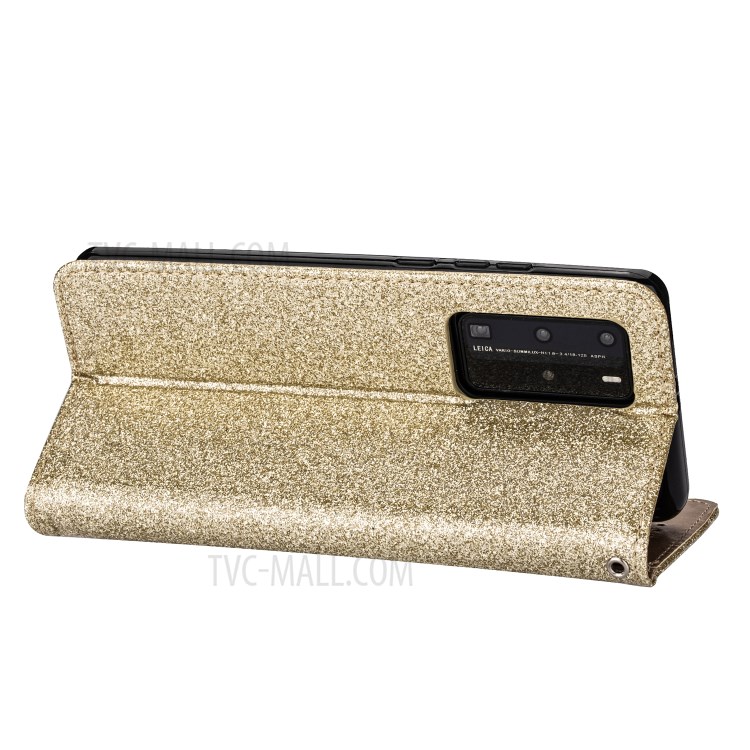 Glitter Powder Zippered Stand Leather Wallet Case with Strap for Huawei P40 - Gold-5