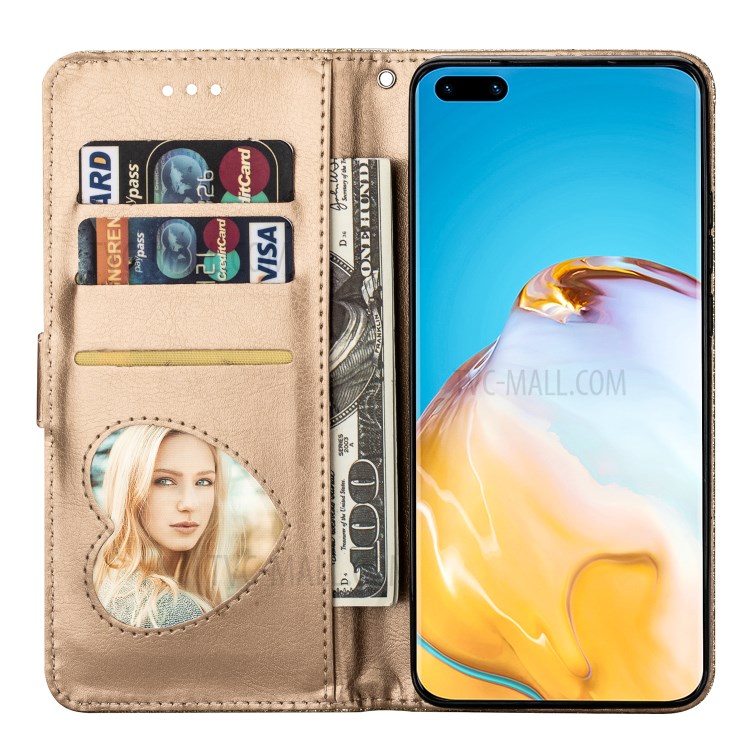 Glitter Powder Zippered Stand Leather Wallet Case with Strap for Huawei P40 - Gold-6