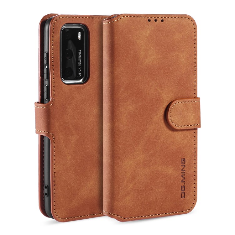 DG.MING Retro Style Wallet Leather Stand Case for Huawei P40 - Brown-1