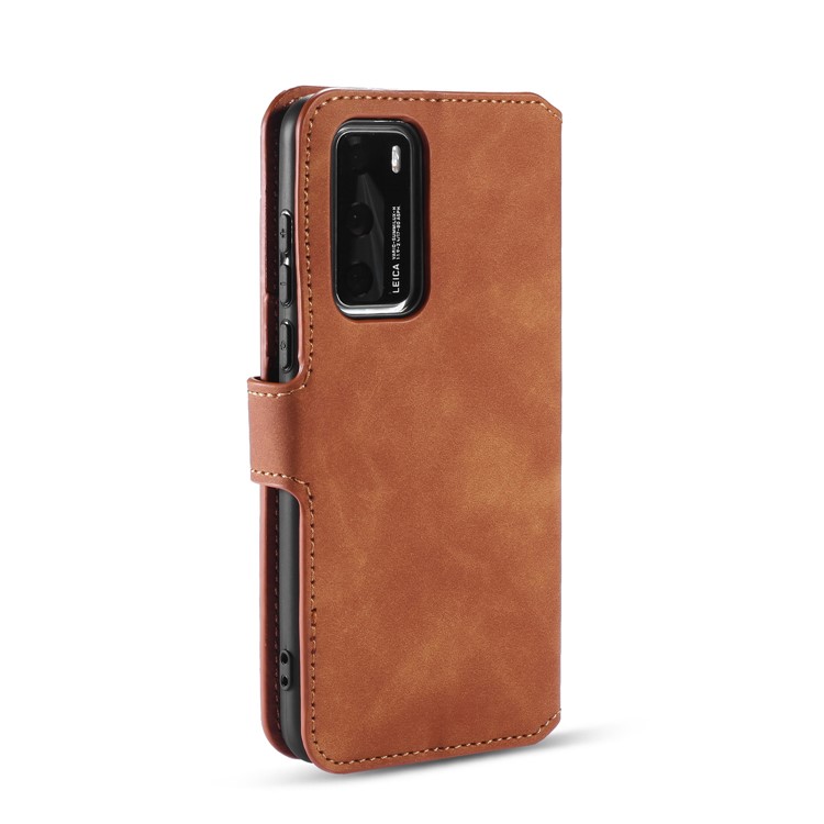 DG.MING Retro Style Wallet Leather Stand Case for Huawei P40 - Brown-3