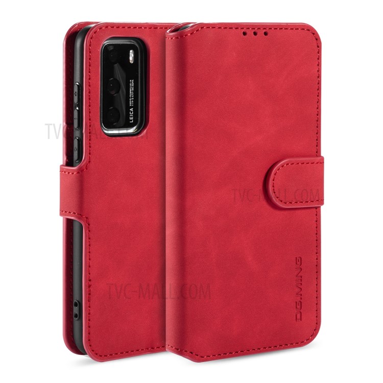 DG.MING Retro Style Wallet Leather Stand Case for Huawei P40 - Red-1
