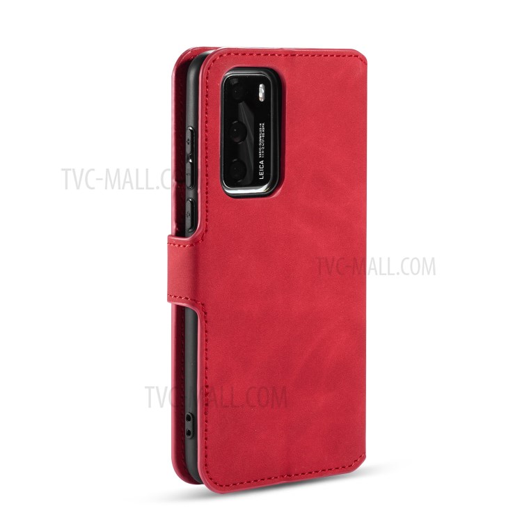 DG.MING Retro Style Wallet Leather Stand Case for Huawei P40 - Red-3