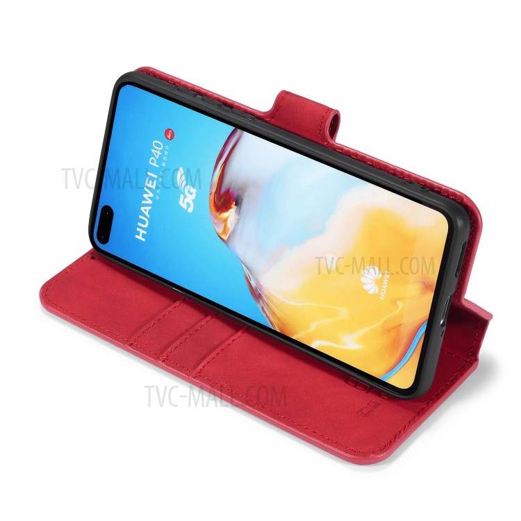 DG.MING Retro Style Wallet Leather Stand Case for Huawei P40 - Red-5