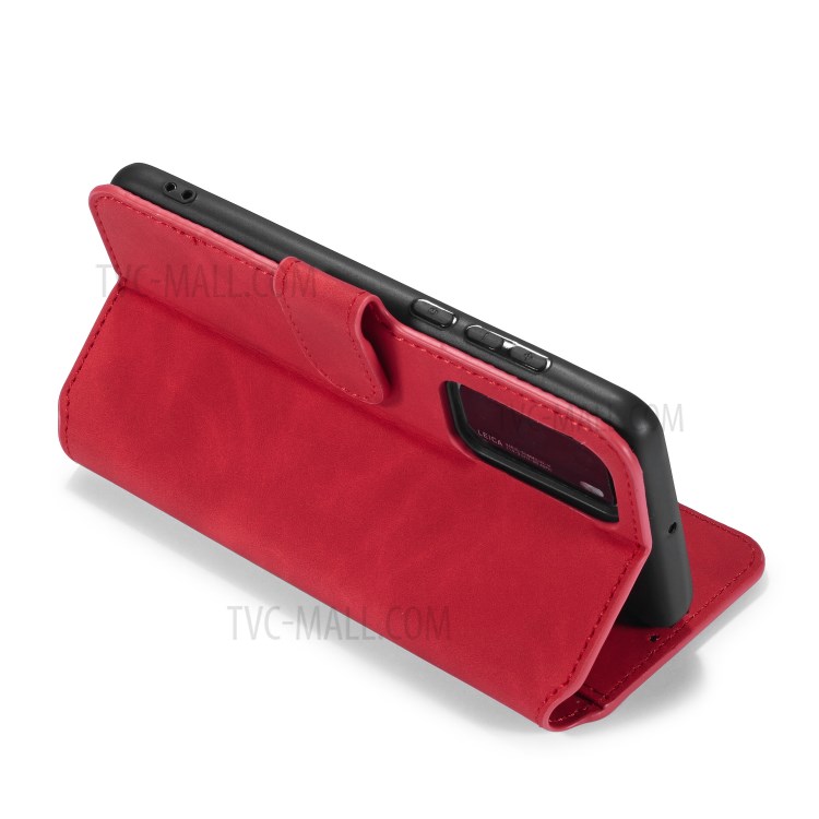 DG.MING Retro Style Wallet Leather Stand Case for Huawei P40 - Red-6