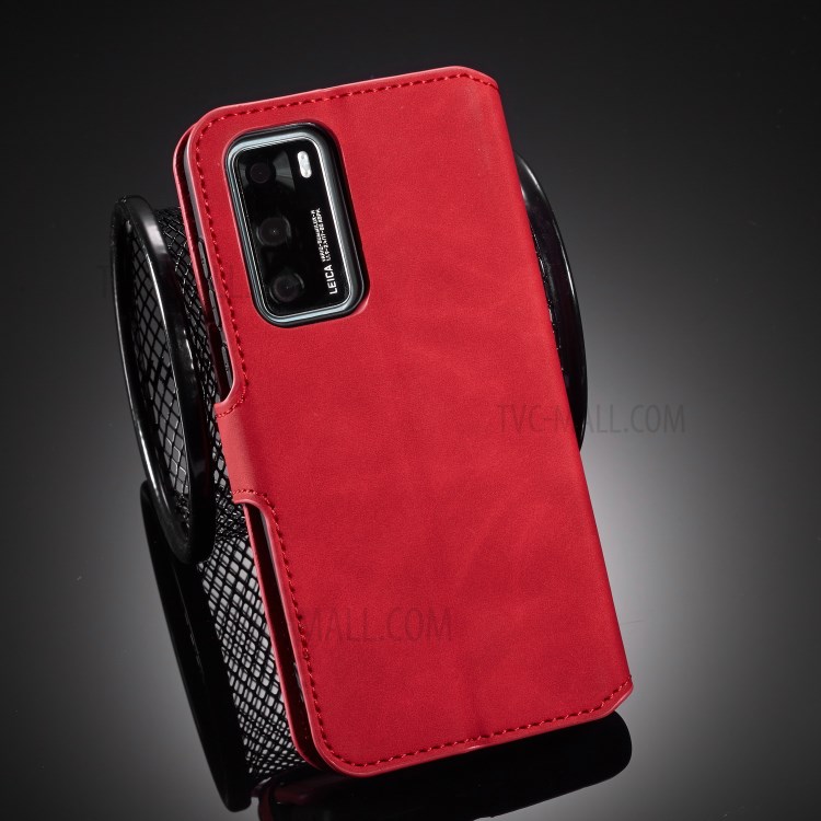 DG.MING Retro Style Wallet Leather Stand Case for Huawei P40 - Red-9