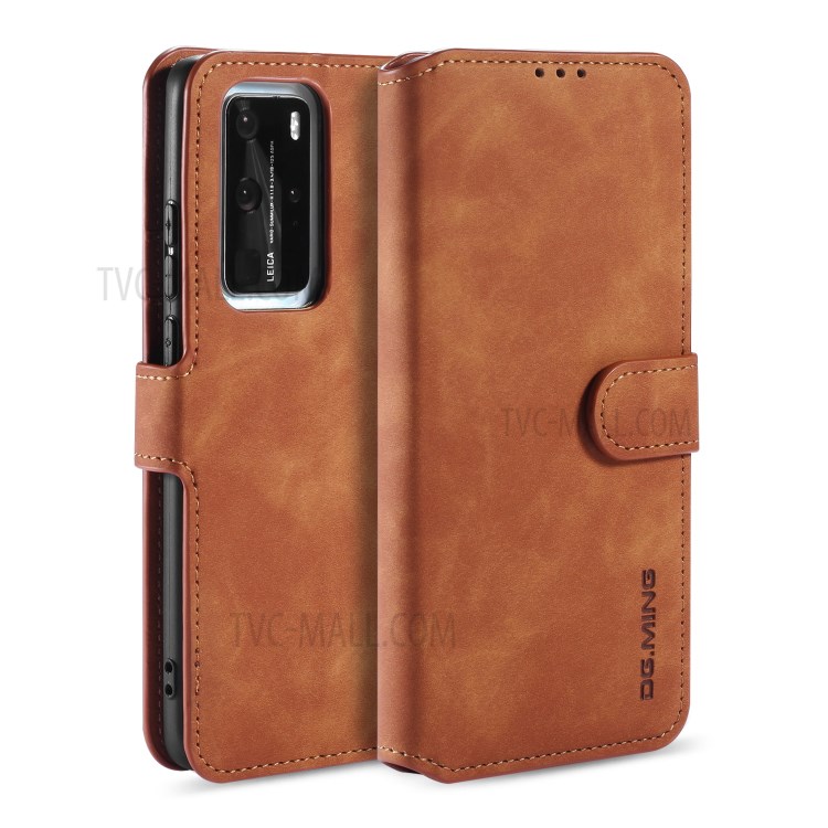 DG.MING Retro Style Leather Wallet Stand Phone Shell for Huawei P40 Pro - Brown-1