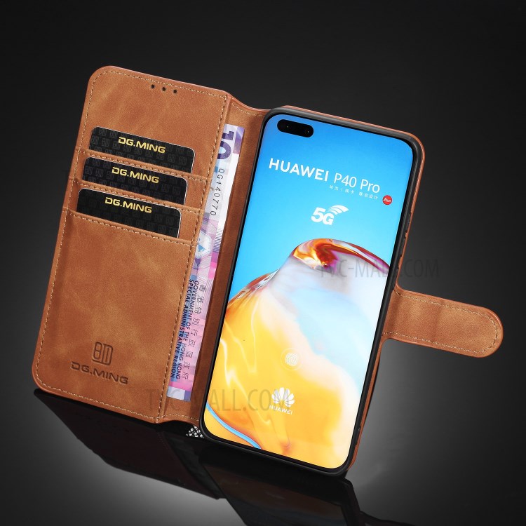 DG.MING Retro Style Leather Wallet Stand Phone Shell for Huawei P40 Pro - Brown-10