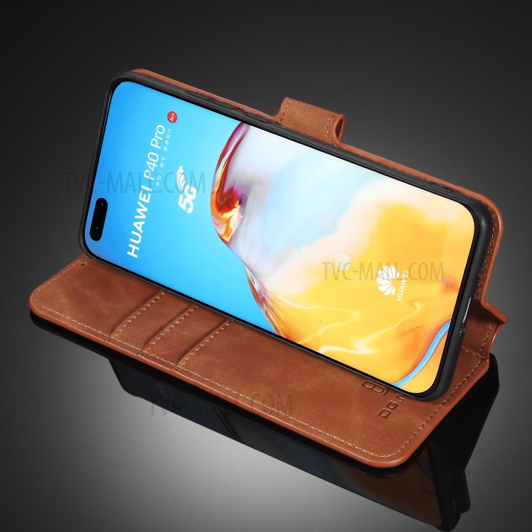 DG.MING Retro Style Leather Wallet Stand Phone Shell for Huawei P40 Pro - Brown-11